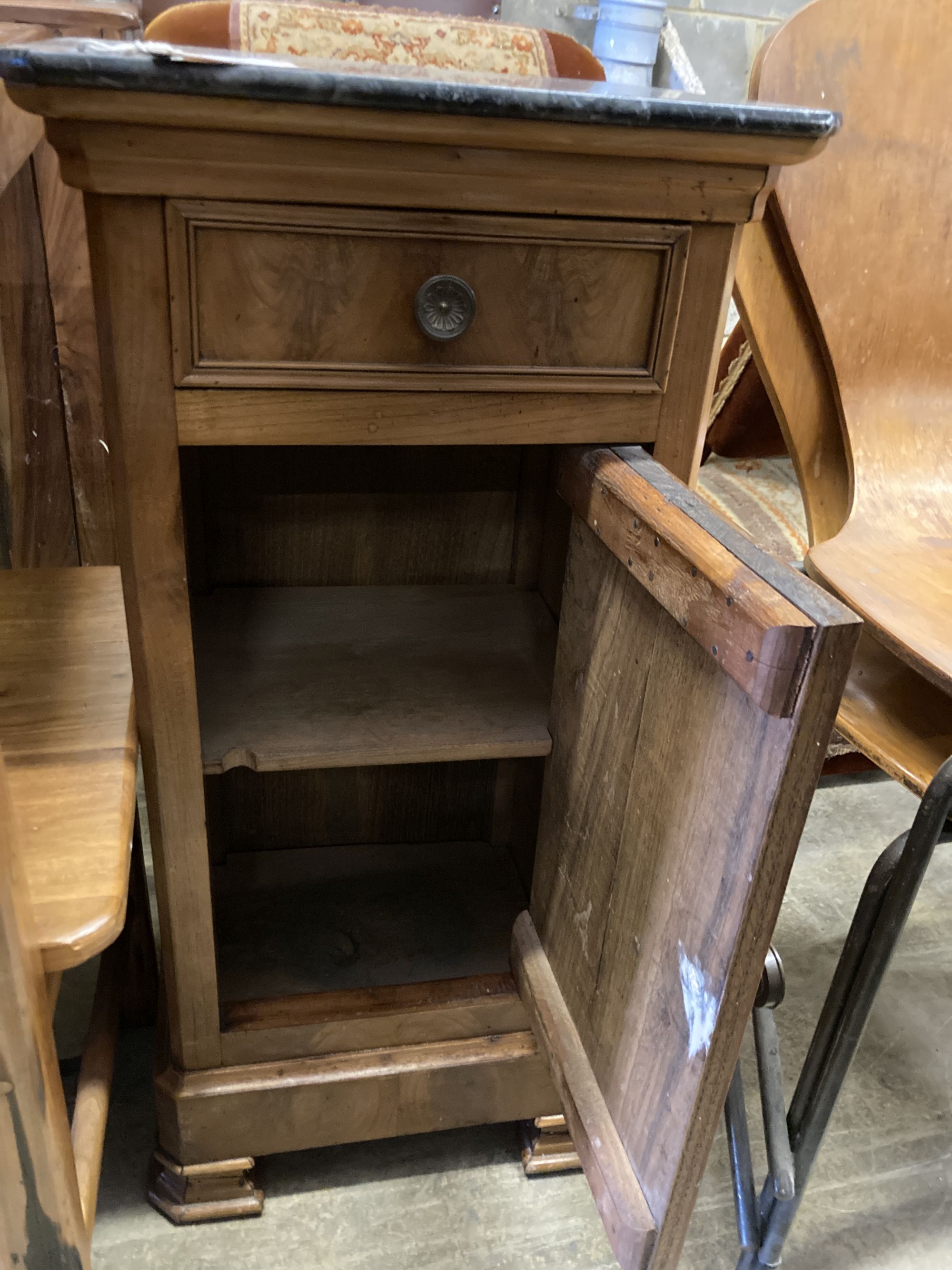 A 19th century French marble top walnut bedside cabinet, width 40cm, depth 34cm, height 80cm